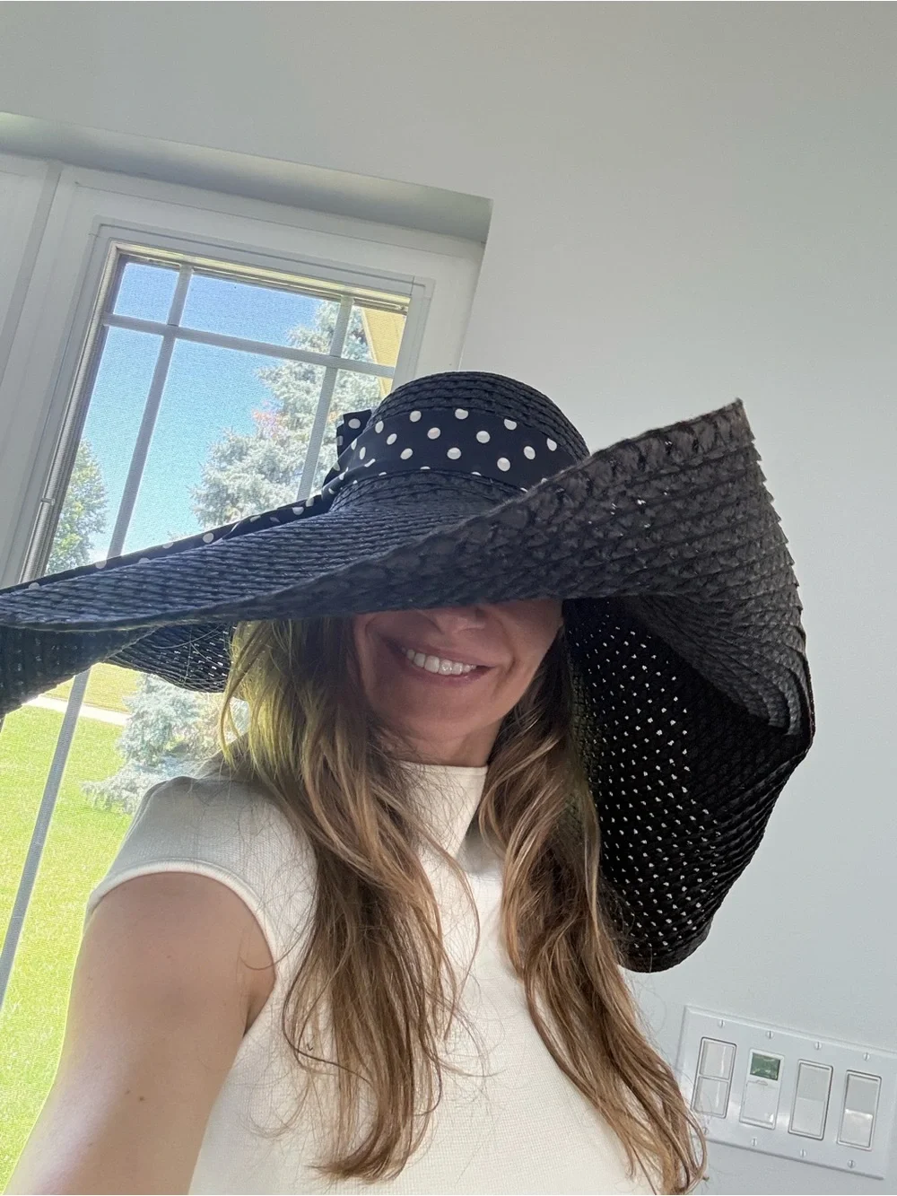 Black Wide-Brim Straw Hat with Polka Dot Bow